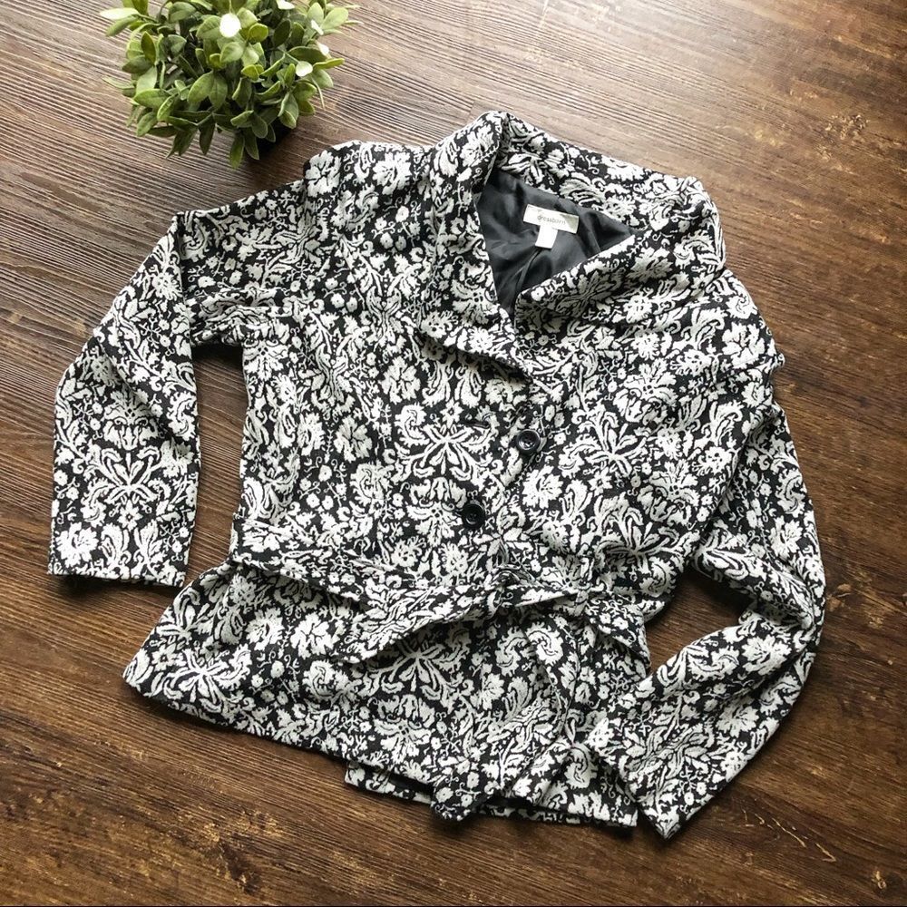 Dress barn Pea Coat black white Damask floral M